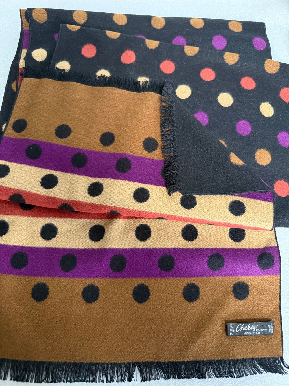 Silk Polka Dot & Stripe Scarf - Black & Rust - Picture 4 of 6